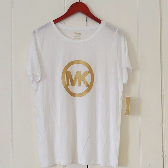 NWT! Michael Kors Womens MK Logo Gold White TShirt - Picture 5 of 7